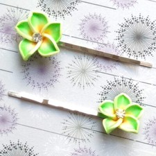 Green Polymer Clay Orchid Flower Hair Pin Clips with Crystal Accents