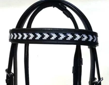 English Show All Purpose Bridle Reins COb BLACK Fancy B/W Beaded Brow Band NEW!