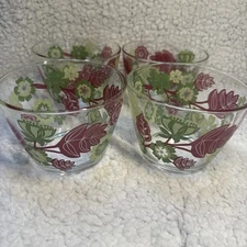 Ikea Ideel 14oz Glass Dessert Bowls Lot of 4 Pink /Green Floral 4.5x3" France