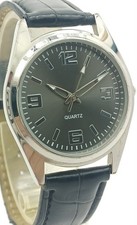 Silver Tone Men's Watch Black Dial Arabic Numerals Black Strap New Battery