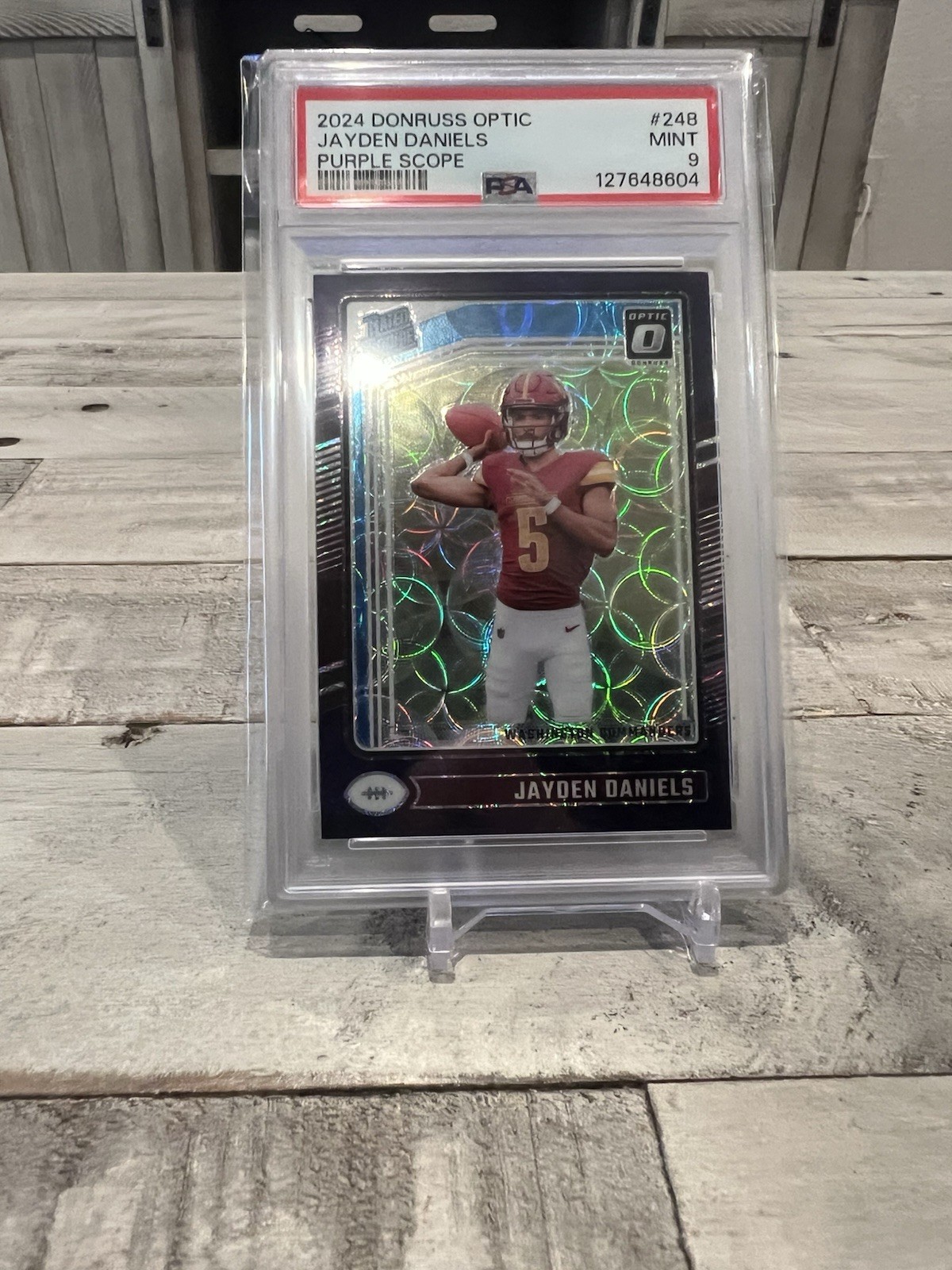 5282 Jayden Daniels 2024 Donruss Optic #248 Purple Scope Rated Rookie PSA 9