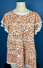 DR2 Blouse Size XS Orange Print Top Flowy Sleeve Shirt Lace Trim NWT