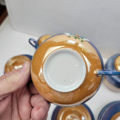 Vtg 17 Pc Japan Lusterware Tea Set Peach &Blue With Chevron See Pics 4 Place Set - Picture 14 of 15