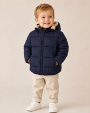 Unisex Kids Blue Detachable Hood Puffer Jacket Full Zip Polyester Size S