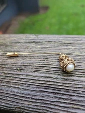 Vintage Pearl Crown Stick Pin Broock Gold Tone Victorian Revival