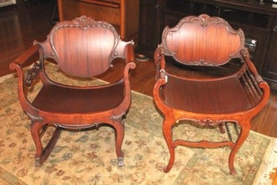 19TH CENTURY BUSTLE CHAIRS One is a Rocker (set) Rare find!