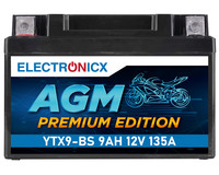 Electronicx AGM Motorradbatterie 12V 9Ah YTX9-BS | Wartungsfrei, Kraftvolle Star