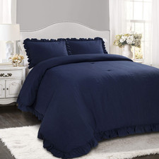 Lush Decor Reyna Ruffle Comforter Set Full/Queen Navy 3 Piece Cozy Bedding Set