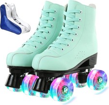 High-Top Roller Skates Women Cozy Green PU Leather Indoor Outdoor Double-Row