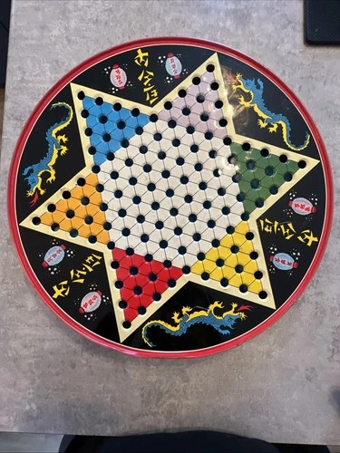 Vintage Metal Tin Ohio Art Chinese Checkers Game Blue Dragons N/Marbles Checkers