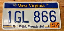 West Virginia License Plate Wild Wonderful WV 2013 Sticker 1GL 866 WVa