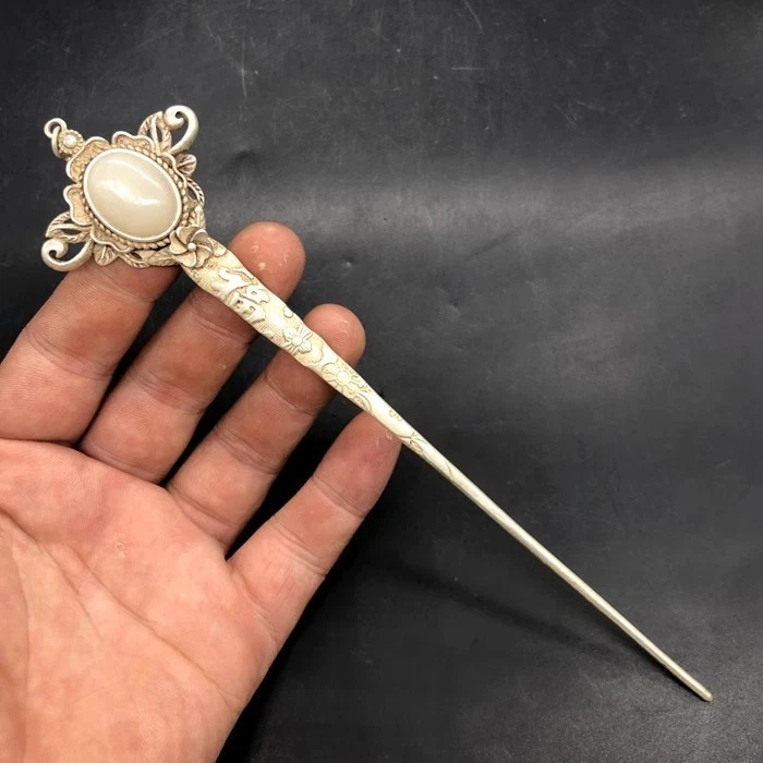 Horquilla de plata tibetana antigua con incrustaciones de jade blanco, hecha artesanal china antigua Foto 3 de 4