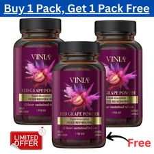 3 Packs Vinia Red Grape Powder Rapid Absorbtion Piceid Resveratrol 180 Capsules.