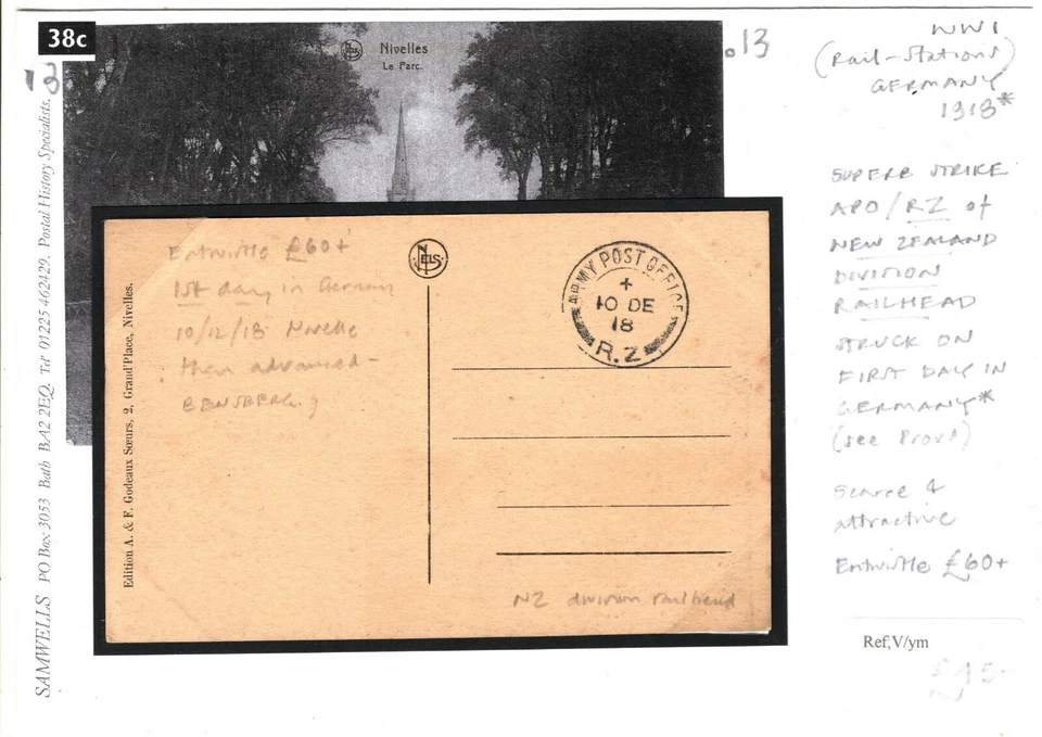 NEW ZEALAND Post-WW1 *APO/RZ* Division Railhead First Day in GERMANY 1918 38c.13 - Image 3 of 4