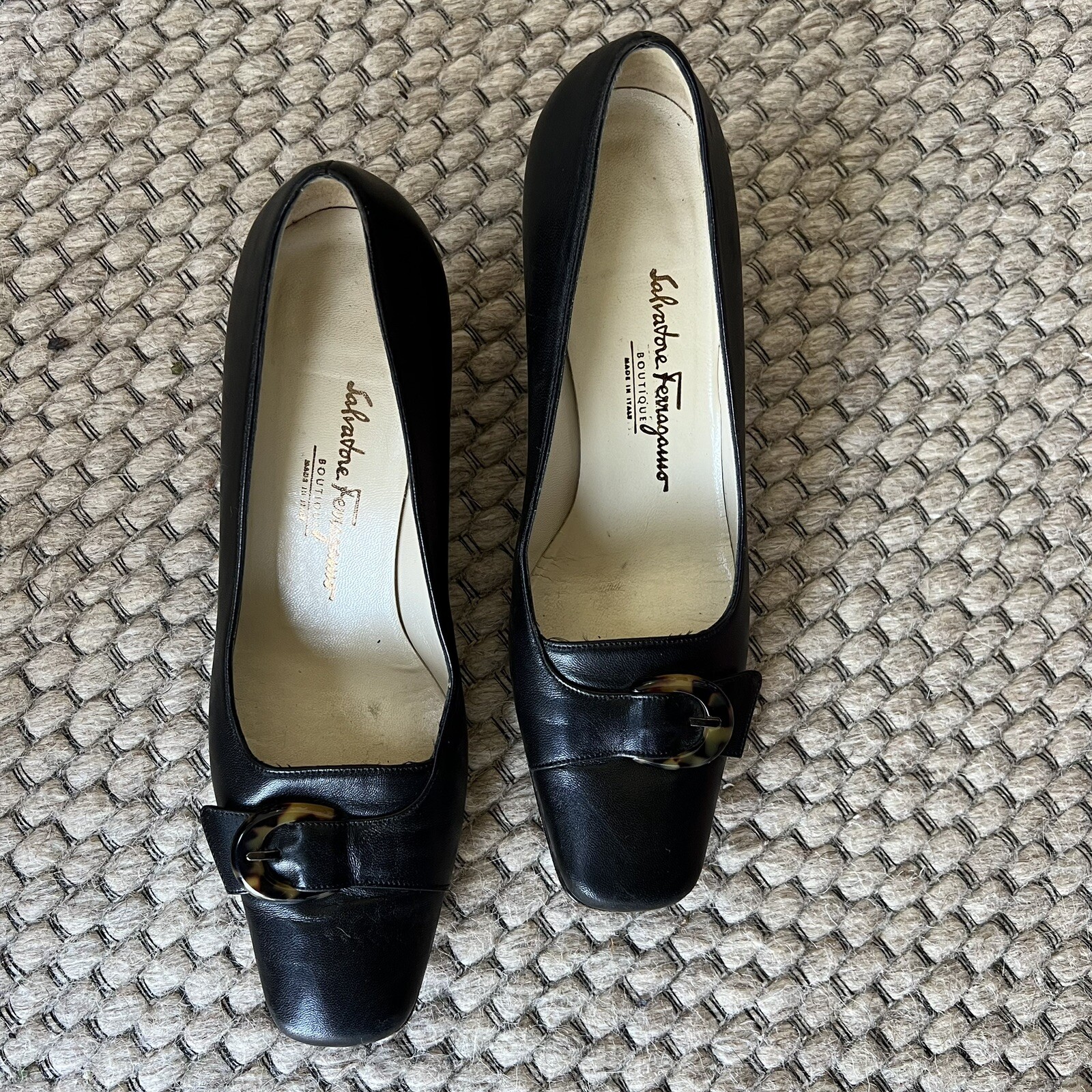 Salvatore Ferragamo 80s Black Suede Pumps with Tortoise Buckle Size 8.5