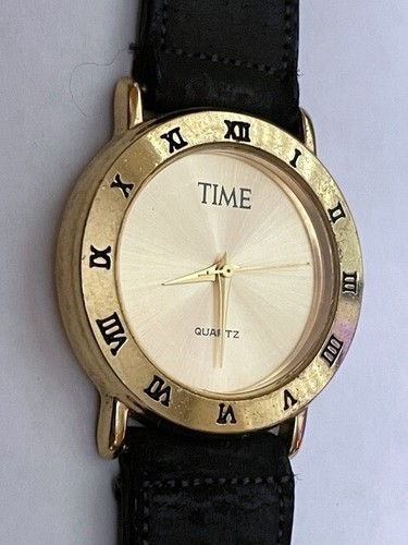 TIME Magazine Gold Tone Dial Round Case Black Leather Band Vintage Men's Watch👀 - Picture 3 of 7