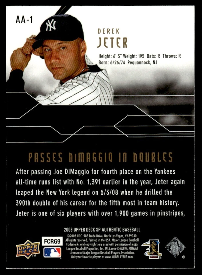2008 SP Authentic Achievements Derek Jeter New York Yankees #AA-1 - Image 2 of 2