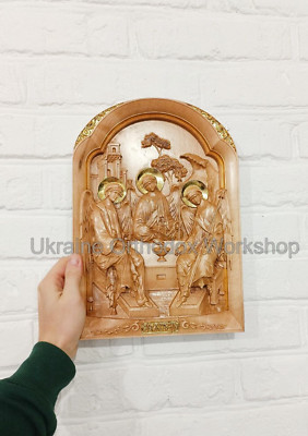 Orthodox Religious Wooden Carved Icon of Holy Trinity 12.59''