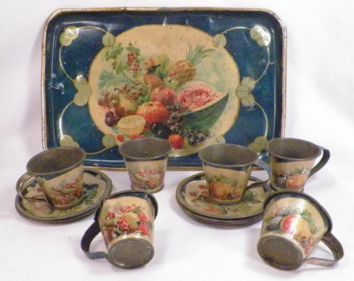 Toleware Chocolate Set Demitasse Fruit 6 Cups & Saucers Tray Germany Antique - Picture 1 of 12