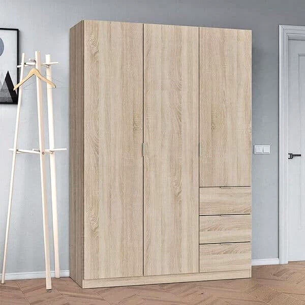 Spiro Oak Effect Narrow 3 Door 3 Drawer Space Saving Bedroom Wardrobe 135cm Wide