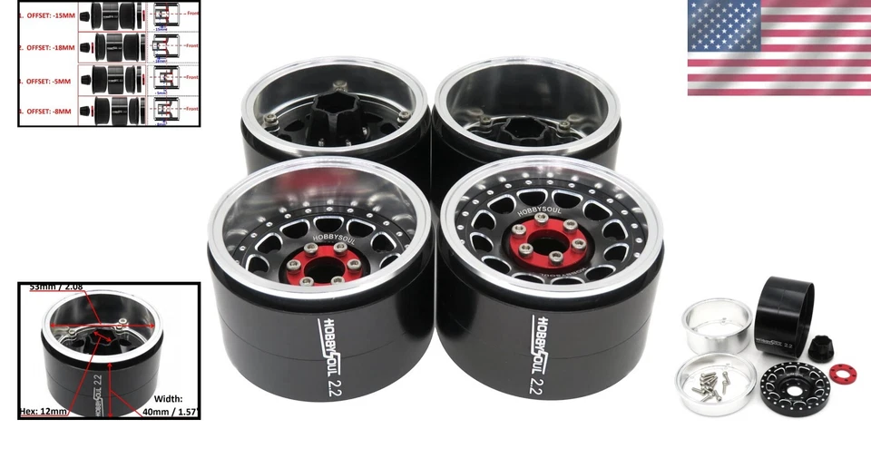 Adjustable Beadlock Wheels - 2.2'' Rims with 4 Offsets for RC Vehicle Upgrades - Image 2 of 4