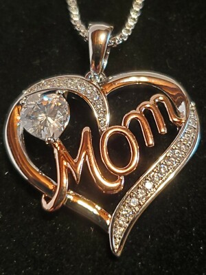 Mothers Day! Gorgeous Heart Design, w ''Mom'' in Gold, Brilliant Crystals Necklace