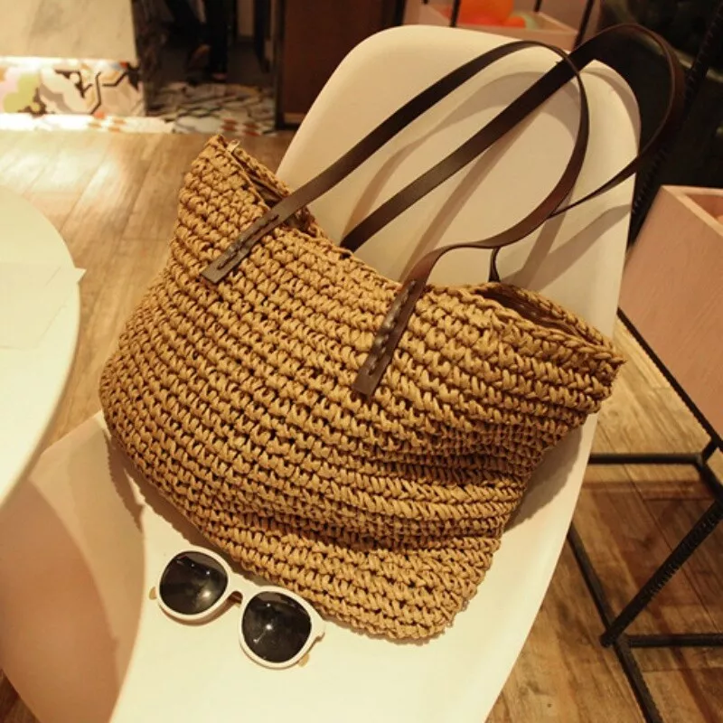 Women Straw Handbag Beach Bag Rattan Woven Shoulder Large Bag Tote Korean