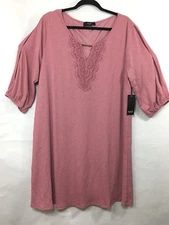 NAIF Womans Tunic Top Sz 2X Slit Puff Sleeve Lined V Neck Lace Detail Blush Pink