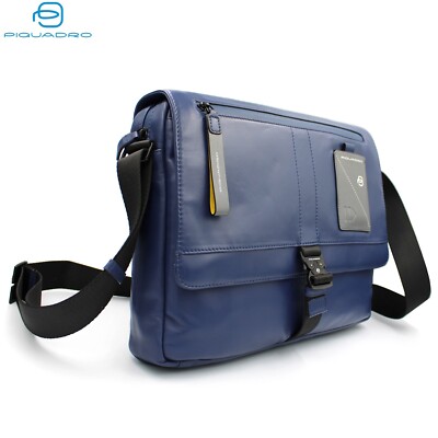 PIQUADRO men's blue leather crossbody medium Messenger bag for 14'' laptop