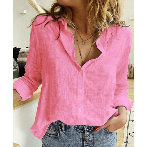 Womens Cotton Casual T-Shirt Linen Plain Blouse TopsLadies Baggy Long Sleeve - Picture 15 of 50