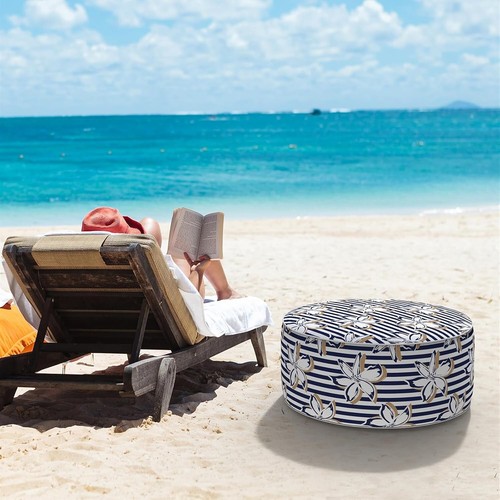 Clemens Cabana Navy Inflatable Ottoman - Large Round Outdoor Foot Stool D31" - Picture 4 of 9