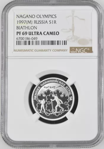 1997 RUSSIA 1 Rouble Proof - Silver Nagano Olympics - Biathlon - NGC PF 69 UC