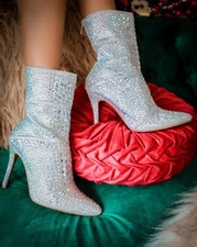 New Women's Bling Rhinestone Embellished Tall Ankle Boot Booties Stiletto Heel
