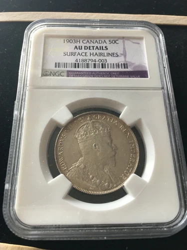 1903H  NGC Graded Canadian Silver ¢50 Cent, **AU Details**Surface Hairlines 