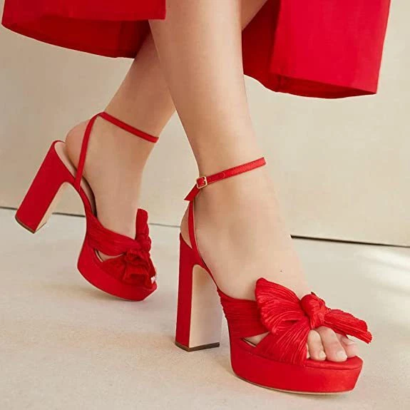 Women's Red Strappy High Heels Fashion Bow Ankle