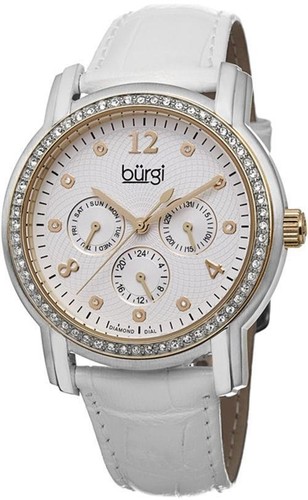 Burgi BUR083YGW GMT Day Date Diamond Dial Crystal Bezel Gold Accent Womens Watch - 第 1/5 張圖片