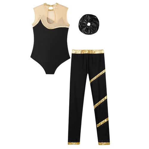 Kids Girls Dancewear Headwear Outfits Pants Set Leotard Competition Patchwork - Picture 11 of 41