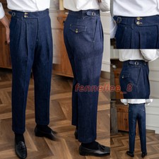 Mens Retro Denim Naples Pants High Waist Pleated Trousers Business Casual Pants