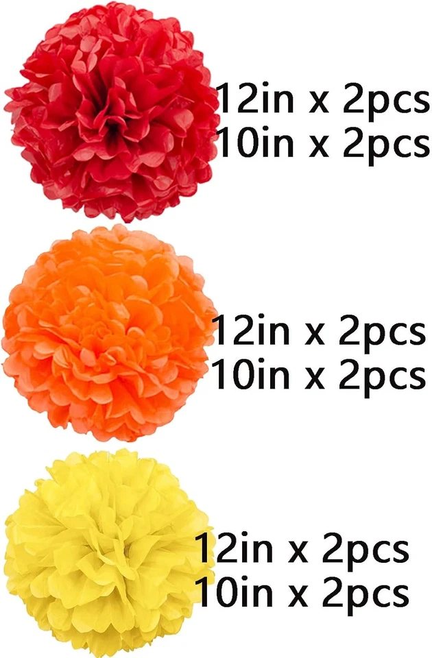Pompones de papel rojo naranja y amarillo decoraciones para fiesta de cumpleaños de Acción de Gracias Foto 2 de 4