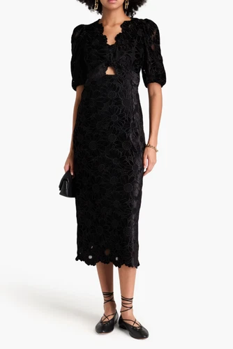 Sandro Women's Black Velvet Floral Midi Dress Size 34 FR 6 UK 2 UK SFPRO03213