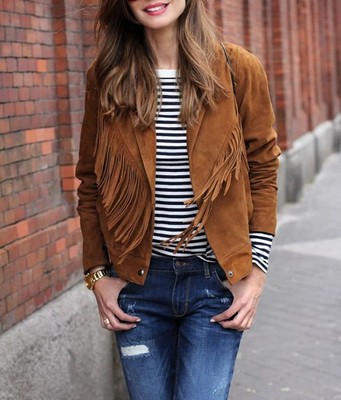 Women's Brown Suede Fringe Jacket Boho Western Style Vintage Tassel Ladies Coat