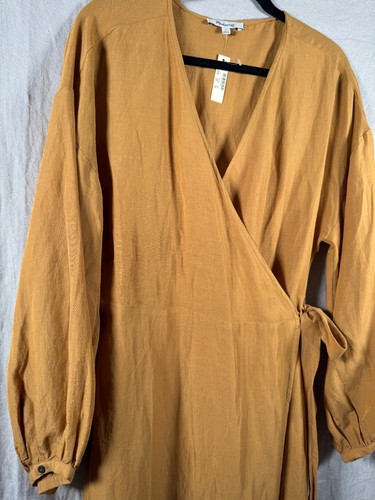 MADEWELL New Wrap Dress Size Small S Women’s Linen-Blend Balloon Sleeve Mustard - Picture 6 of 14