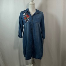 Wishful Park Denim Dress Medium Embroidered Floral Long Sleeve Casual