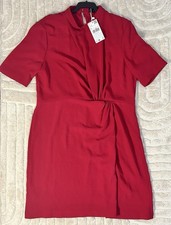 Women elegant red party short sleeve dress with high neck side drapes size UK 14