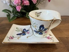Adeline Butterfly Tea Cup Snack Plate Floral Blue Gold Trim England Design