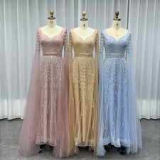 Muslim Long Sleeves Evening Dresses V Neck Pearls Formal Women Aline Party Gown