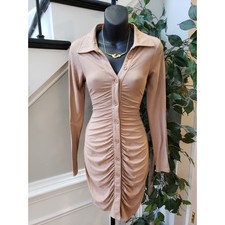 Brave Soul Shirt Dress Women Size S Tan Ruched Long Sleeve Collared Button Front