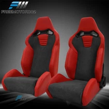 Adjustable Universal Pair Racing Seats W/Dual Slider PU Leather & Suede Red Grey