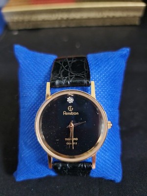 Vintage Armitron Diamond Ladies 32mm Watch Gold Tone Black Dial 20/2220
