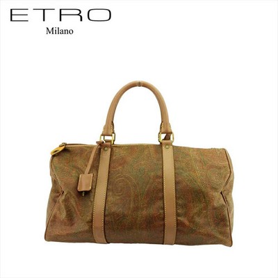 ETRO G1649 Paisley Boston Travel Bag PVC Leather Brown Beige Vintage Unisex